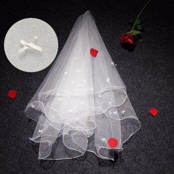 お嬢様の髪のベールの新婦のウェディングベールの首の紗ふわわわわわわわわかりんの卒業写真の短いスタイルのネットの有名人の撮影道具の頭の糸の白い巻きの辺のリボンの幸福の結び目の白い100 cm-135 cm